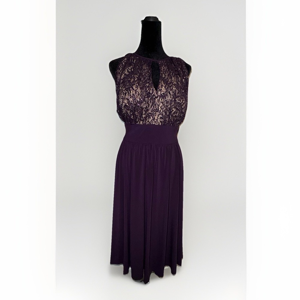 R&M Richard's Size 10 Sleeveless Midi Party Dress Plum & Taupe Sequins Key Hole